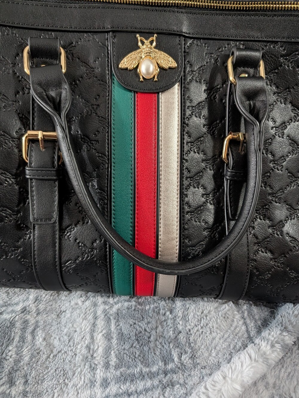 Black Quilted Large Tote/Luggage with Red & Green Stripe and Gold Bee Accent - Picture 2 of 8